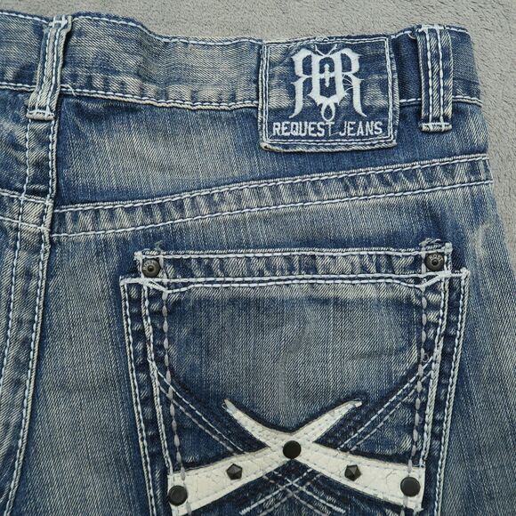 Request Jeans Mens Size 32x32 (34x33 Real) Blue Straight Leg Thick Stitch Denim - Picture 7 of 15